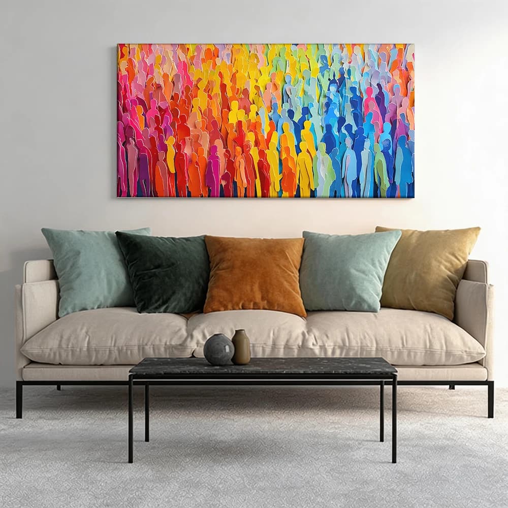 Painted on canvas with large wooden frame, 1 piece, with a group of colored paper figures.