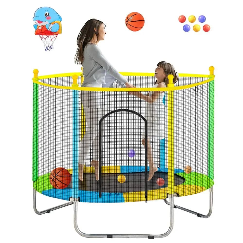Trampolino per Bambini da 55 Pollici con Rete di Protezione, Mini Trampolino per Bambini fino a 200 kg con Rete e Canestro da Basket, per Interni ed Esterni