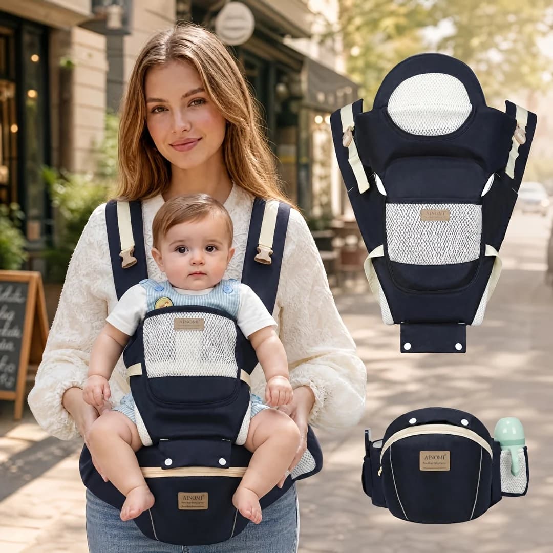 AINOMI Baby Carrier with Hip Seat, Breathable Mesh Infant Sling, Adjustable Padded Baby Holder with Storage Pocket, Multi‑Positi