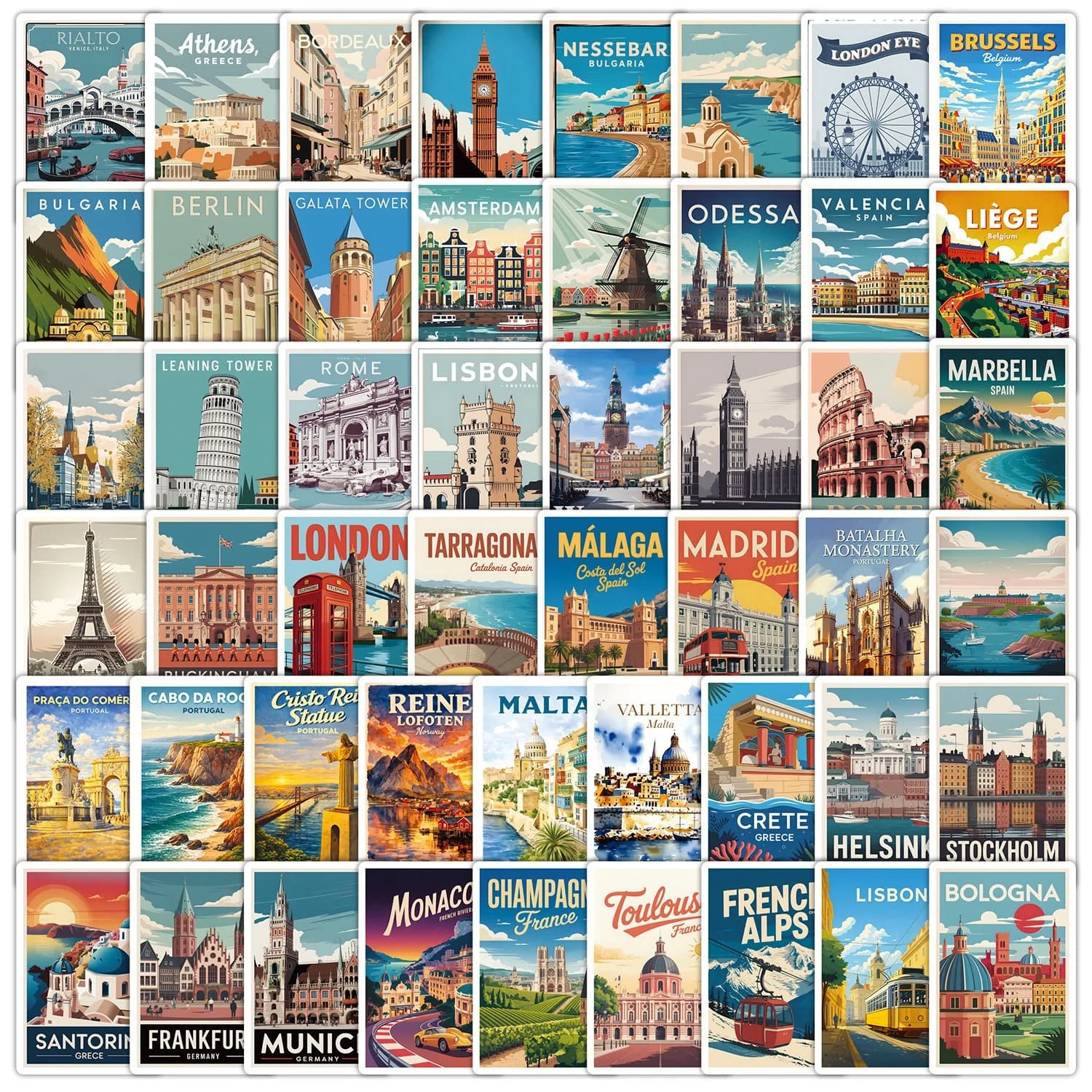 50Pcs Vintage European City Travel Stickers Famous Landmark Buildings Poster Decals DIY Trolley Luggage Suitcase Car Sticker