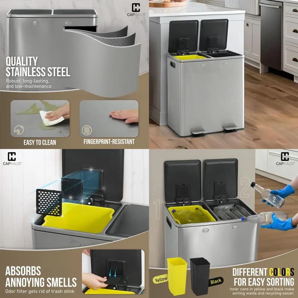 Pattumiera doppia in acciaio inossidabile a mani libere, contenitore per rifiuti e riciclo da cucina da 30 litri combinato con coperchio incernierato e filtri per odori