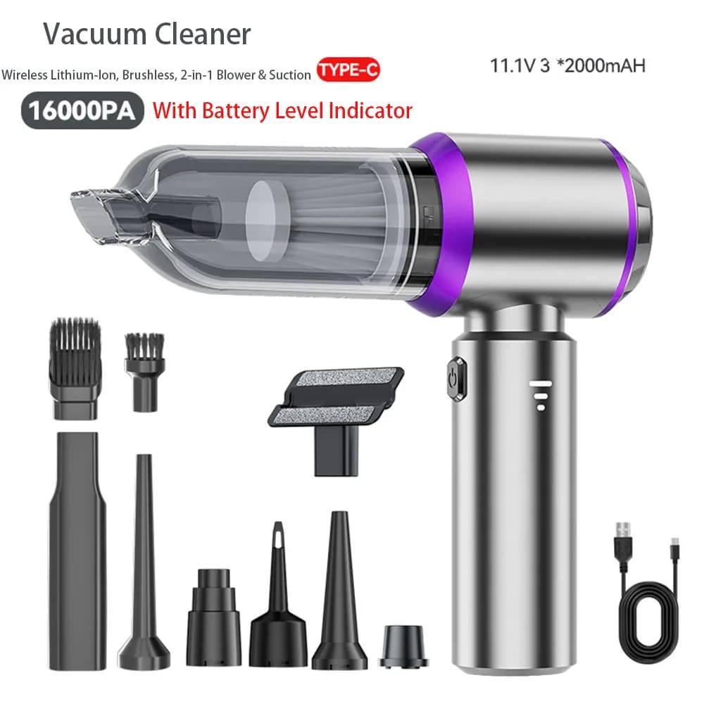 Aspirapolvere portatile 2 in 1 da 16000 Pa con display del livello della batteria Batteria al litio da 6000 mAh senza fili per auto domestiche e peli di animali domestici