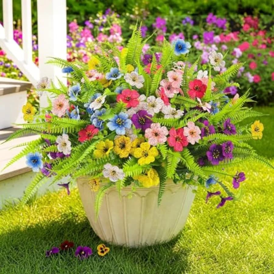 Artificial Flowers for Outdoors UV Resistant Faux Plants Outside Fake Plastic Flower Bulk Realistic Artificial Fern Greenery fo
