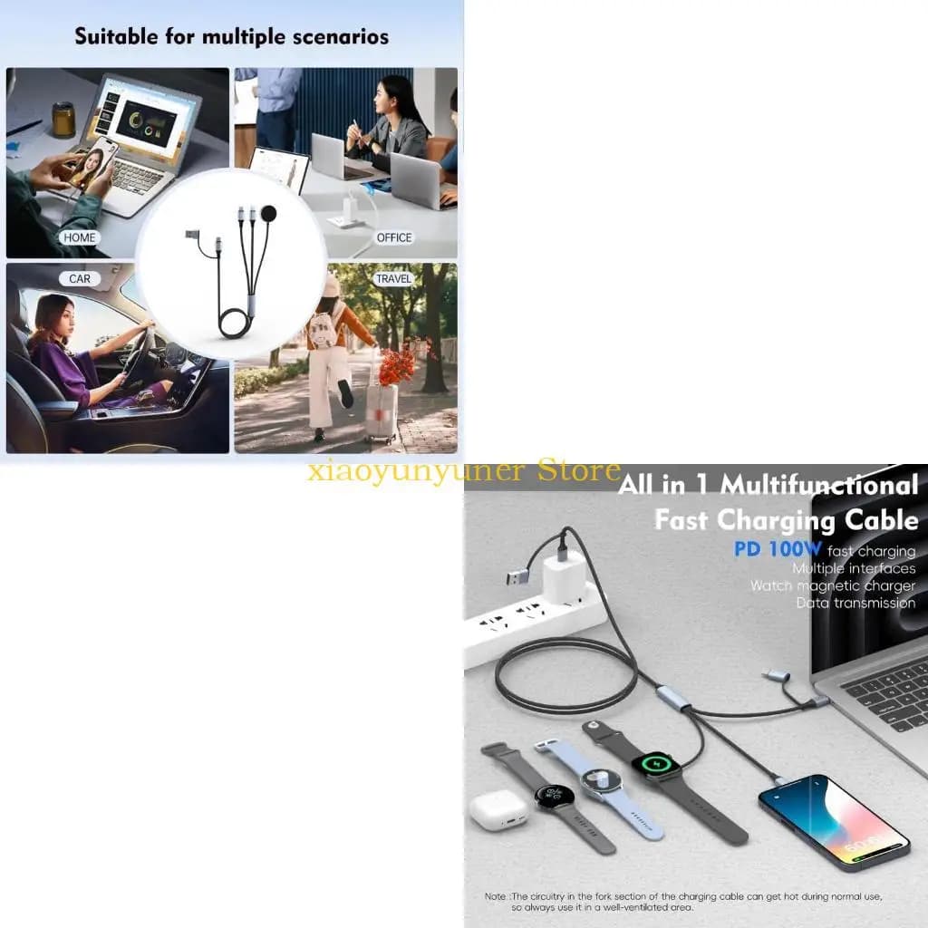 P9JB USB C Multiple Charger Cable 100W 5 in 1 Fast Charging for Phone Pad SmartWatch with Braided Cord
