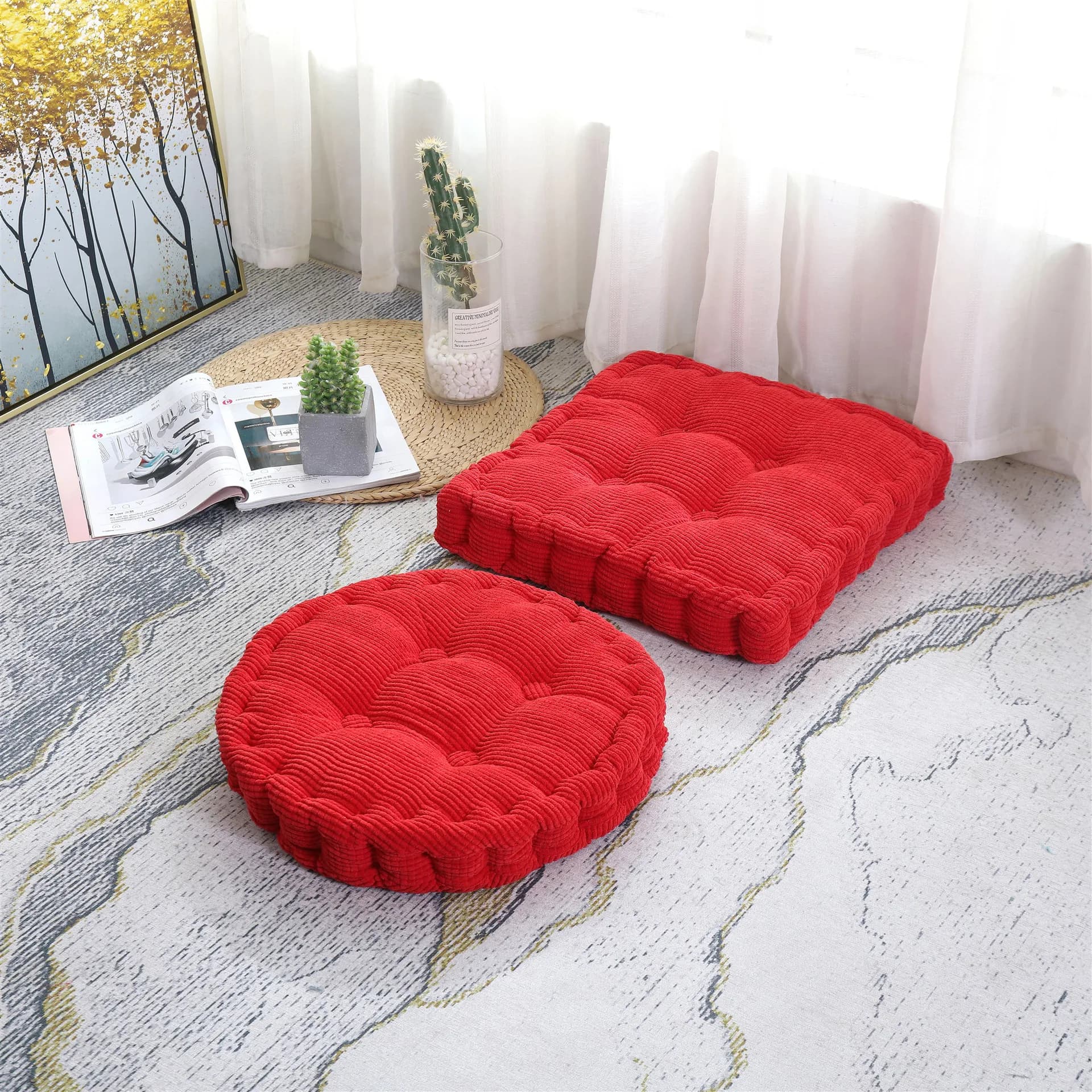 Large Red Tufted Seat Cushion Thicken Square Corncob Tatami Seat Office Chair Cushion Soft Sofa for Gift Floor Decor Knee Pillow