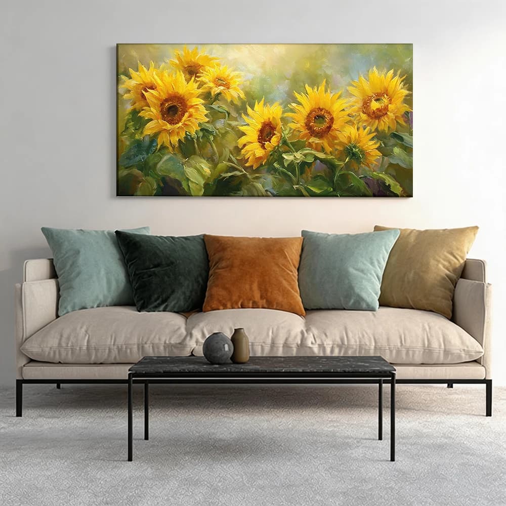 Painted on canvas with large wooden frame, 1 piece, sunflowers in a lush garden scene.
