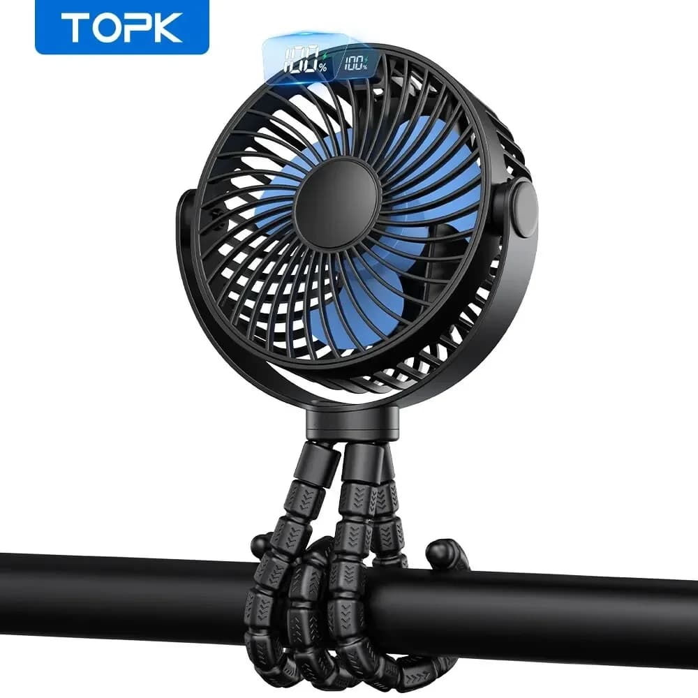 Ventilatore per passeggino TOPK 5000mAh Mini USB ricaricabile con display LED, 4 velocità, rotazione a 360°, silenzioso, per raffreddamento personale, per neonati, campeggio all'aperto
