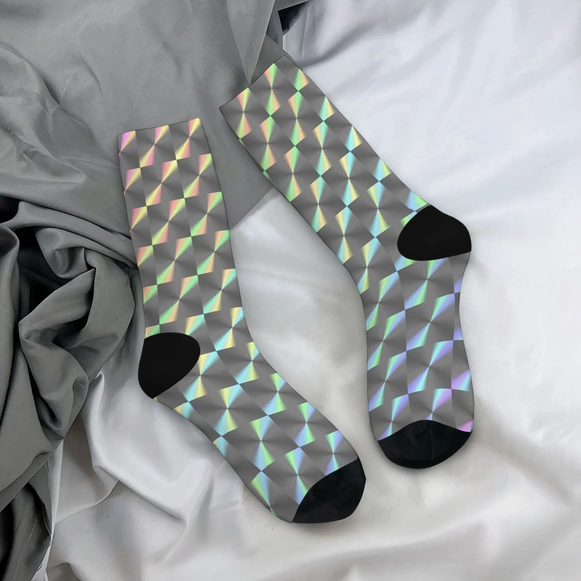 Modern trends Socks Iridescent Geometric Diamond Pattern Y2K Futuristic Crew Socks Cyberpunk Streetwear Socks for Men Women