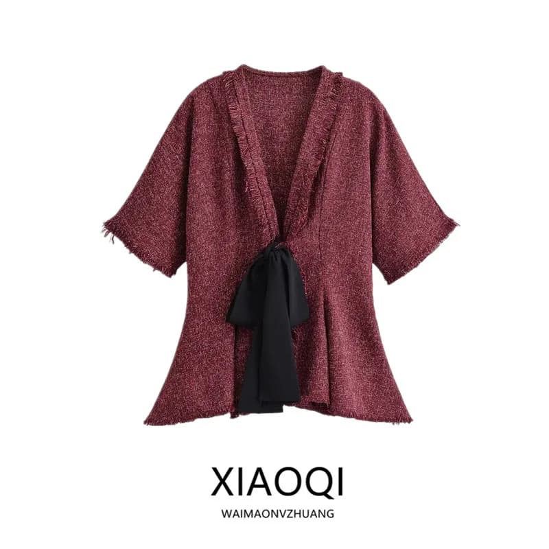 Summer 2026 Women's Casual Style Short Sleeve Tassel Trim Top Versatile Little Black Dress Cardigan Fashion Outerwear