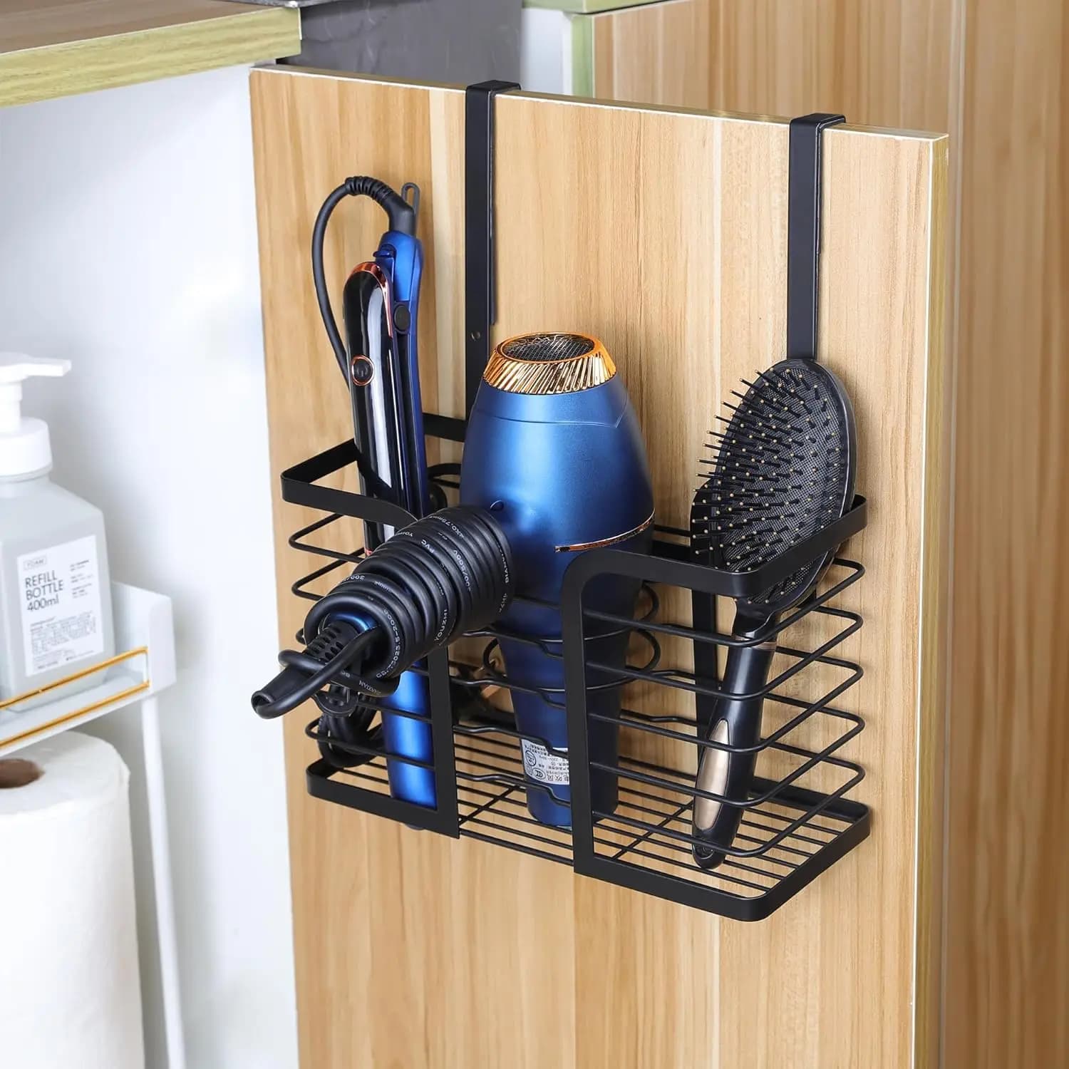 3-in-1 Hair Dryer Holder, Adjustable Height, Wall Mount/Cabinet Door, Bathroom Organizer for Styling Tools