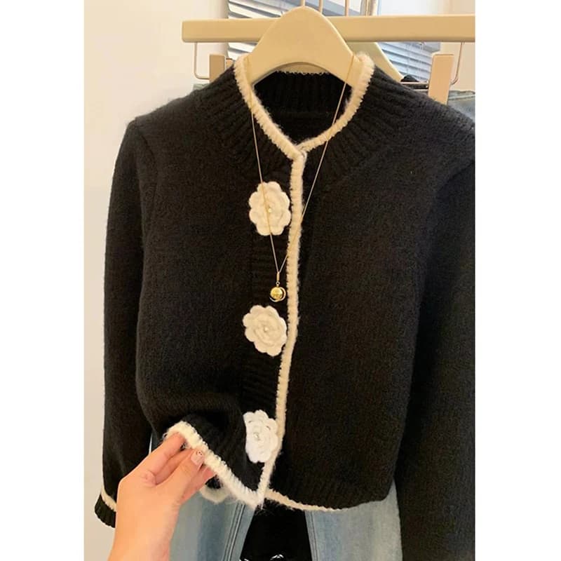 Autunno inverno donna abbigliamento nero Cardigan maglione lavorato a maglia manica lunga girocollo moda Casual cappotto femminile fiore Design Top