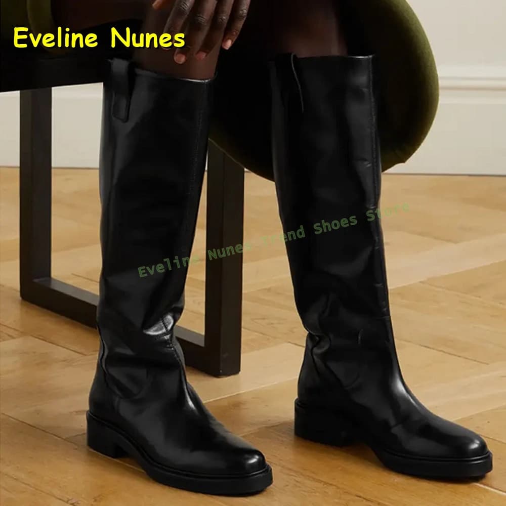 Black Leather Knee High Riding Boots Women's Round Toe Chunky Heels Tall Boots for Office Work and Everyday Casual Wear Summer