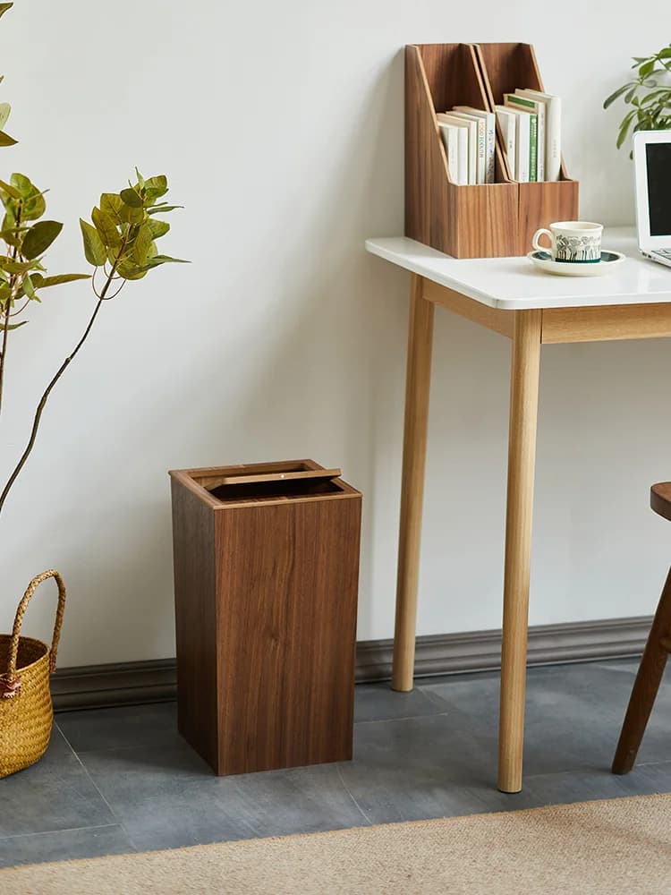 Japanese Style Wooden Trash Can with Lid for Bedroom Villa Square Flip Cover Wood Grain Design Kitchen Living Room Garbage Can