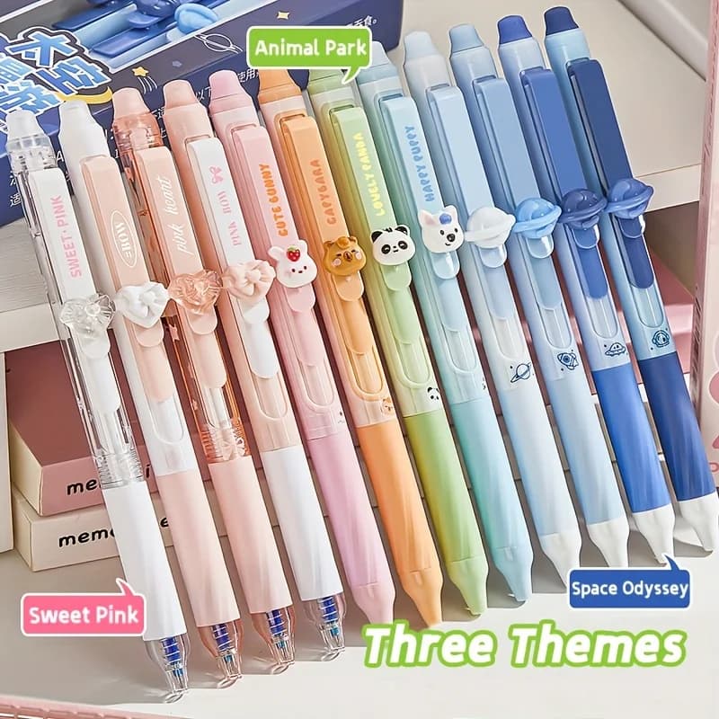 Set da 15 Penne Gel Cancellabili a Pressione, Serie Animali del Parco/Amore con Fiocco/Astronauta Spaziale, Inchiostro Blu 0.5mm, Cancelleria Scolastica Carina