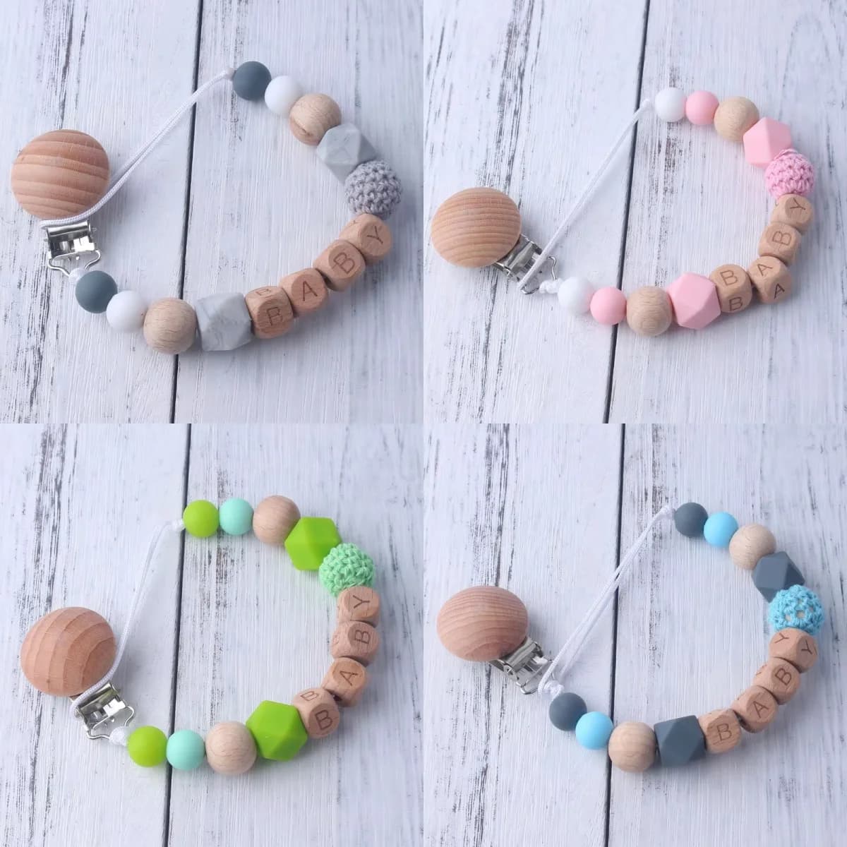 Clip per ciuccio per bambini con perline in legno e silicone, porta succhietto con lettera con nome personalizzato, accessorio giocattolo per la dentizione sicuro