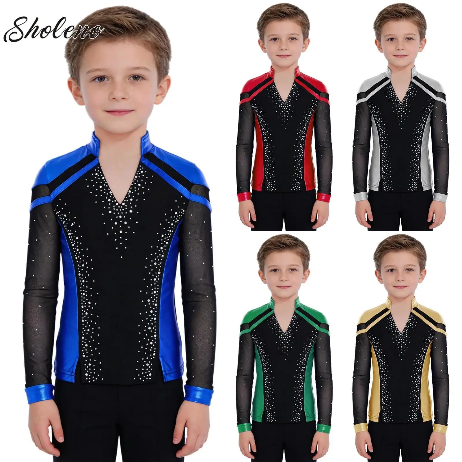 Bambini Ragazzi Pattinaggio di figura Ballo latino Tango Cha-cha Performance Costume Metallico Scollo a V Manica lunga Strass T-shirt Top