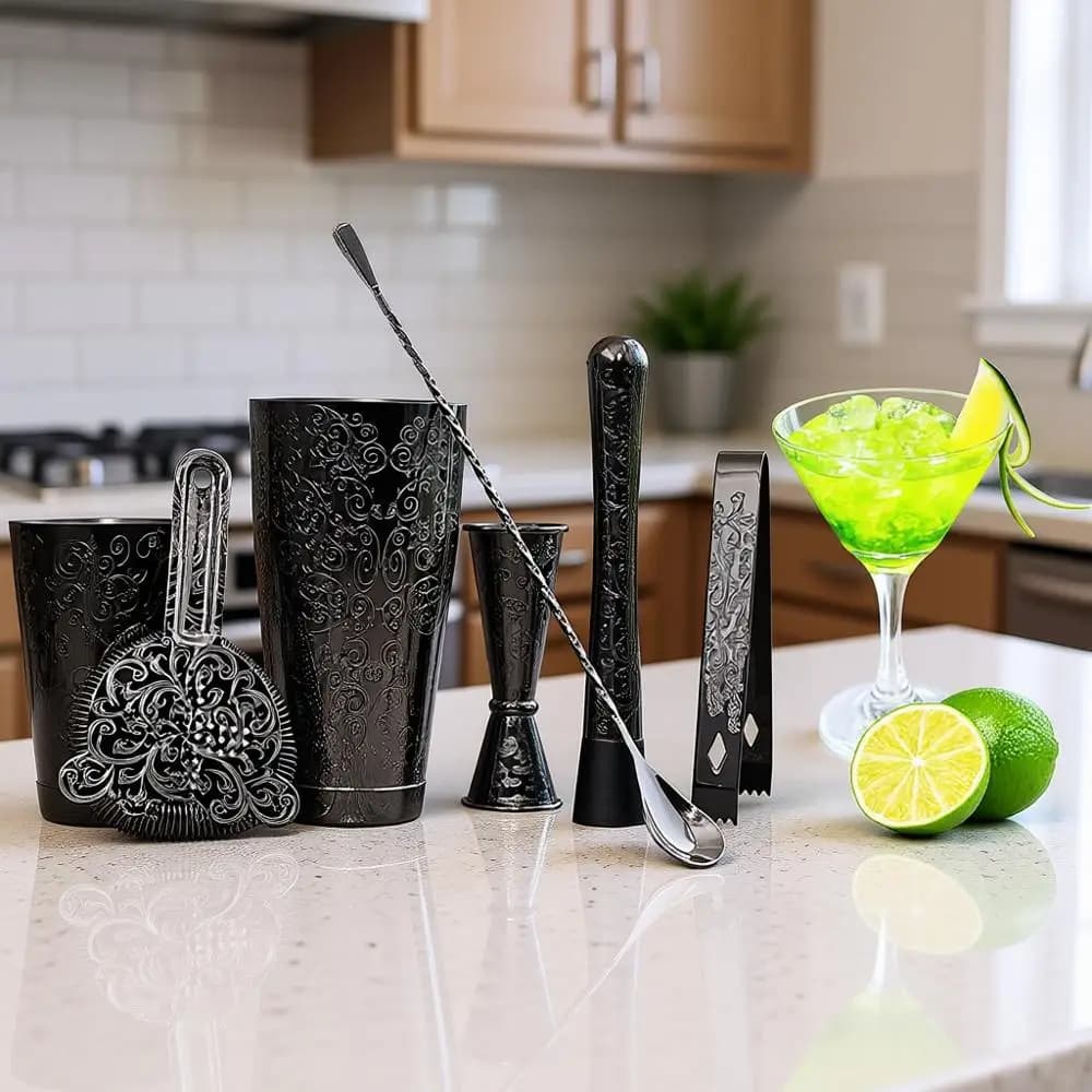 Set Shaker per Cocktail - 7 Pezzi in Acciaio Inox Placcato Nero, con Shaker Boston, Cucchiaio da Bar, Pestello per Mojito, Shaker Doppio