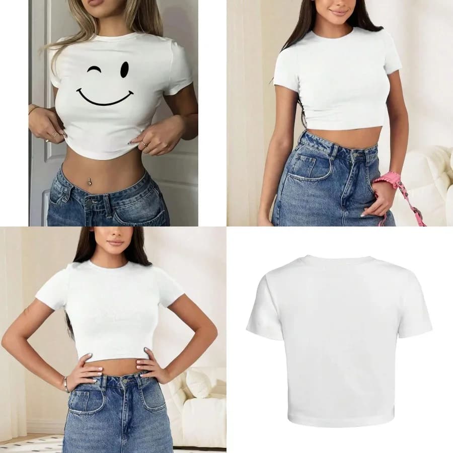 【Nuovo stile】 Una t-shirt corta da donna elegante con stampa e un design creativo progettato per esaltare la vita. Questo modello Round-Nec