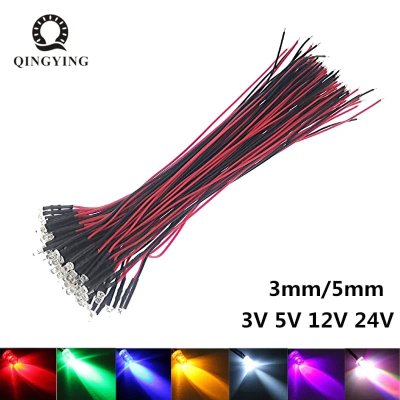 50 pz 3 V 5 V 12 V 24 V DC 3mm 5mm Diodi LED Acqua Trasparente Rosso/Verde/Blu/Giallo/UV/Arancio/Rosa/Caldo/Bianco/RGB Pre-Wired 20 cm Cavo