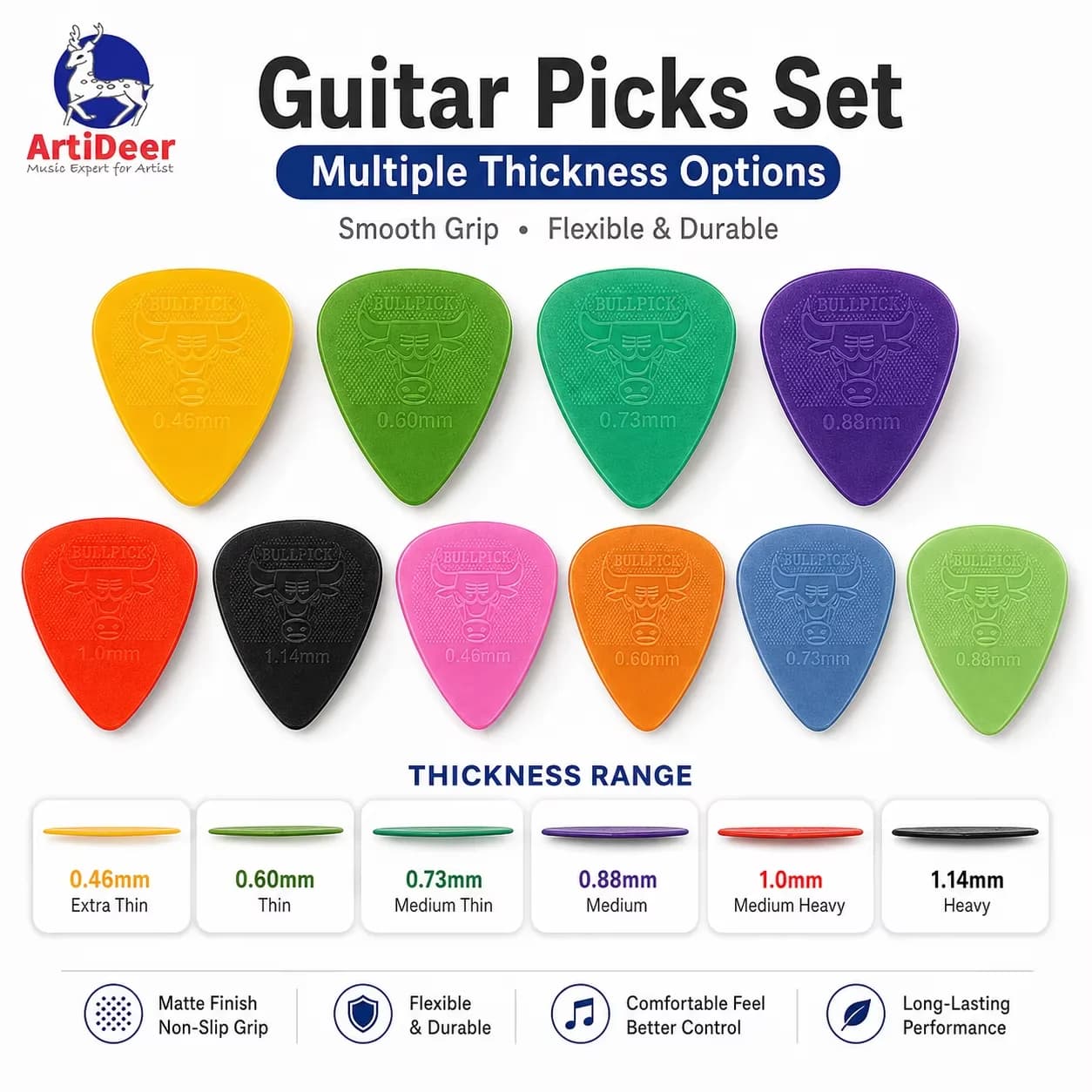 Guitar Plectrum Picks 6 Thickness 0.46-1.14mm Non Slip Matte Guitar Pick for Guitar Bass