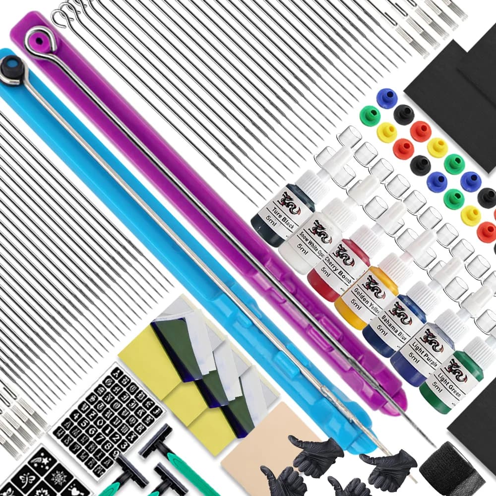 Hand Poke Pen and Stick Tool Tattoo Needle Holder Tattoo Ink Kit Cup Pigment Glover Grommet Bandage Kit for Tattoo Beginners