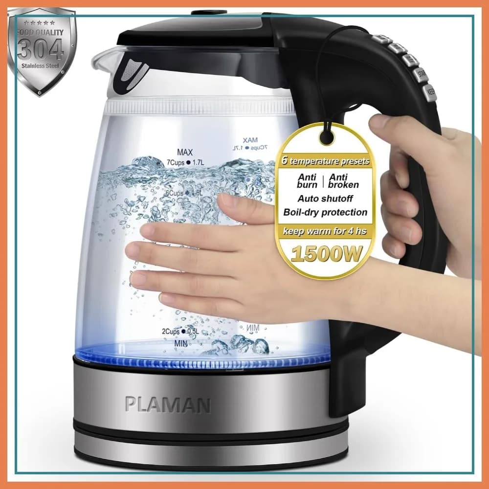 Bollitore Elettrico 1.7L con 6 Impostazioni di Temperatura, Doppia Parete Cool Touch, Ebollizione Rapida 1500W, Mantenimento Calore 4H, Vetro Borosilicato