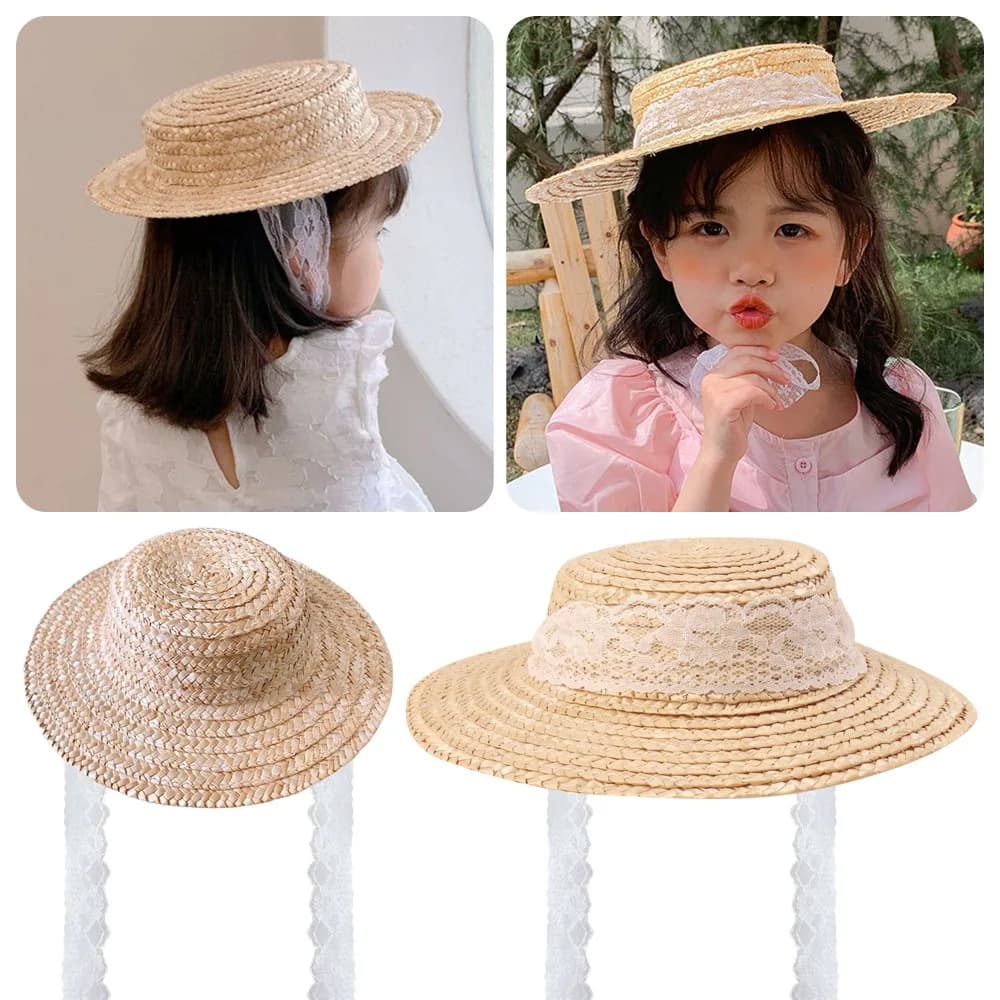 Cappello da sole da ragazza alla moda, intrecciato a mano, con parte superiore piatta e lacci, in paglia traspirante, stile Hepburn, con protezione solare, per accessori decorativi