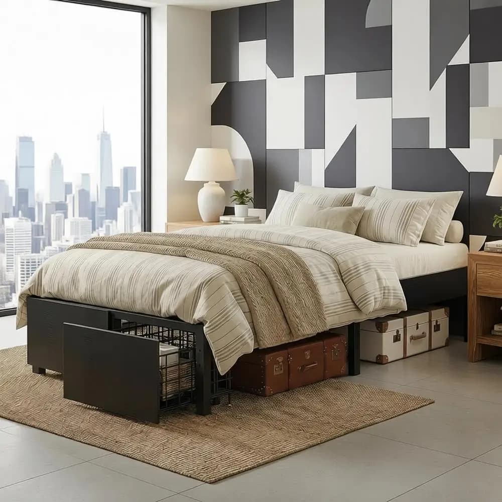 Black single bed with 2 drawers, container, wooden slats, no spring net, silent