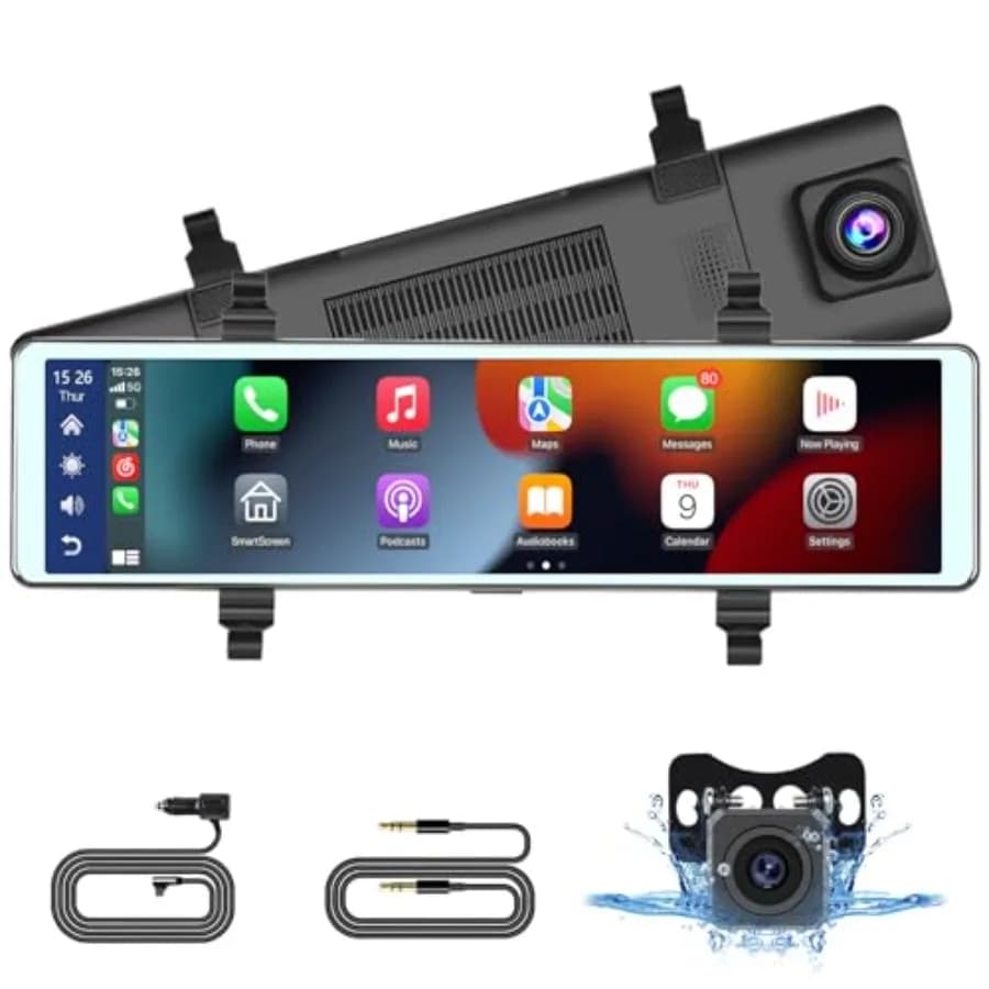 Dashcam per cruscotto auto, in plastica ABS, nera, supporto wireless CarPlay e Android Auto con doppia fotocamera 1080P, schermo diviso