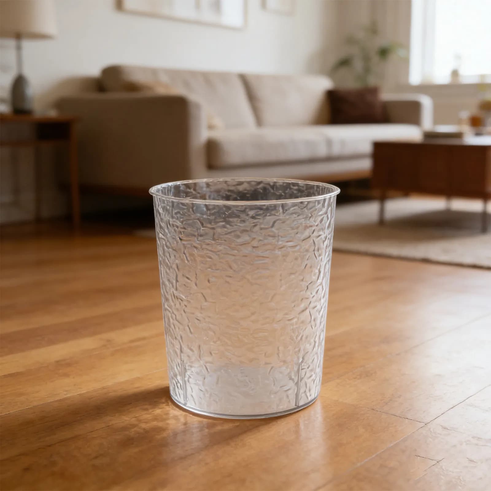 Medium Clear Trash Can Plastic Waste Basket Lid Water Ripple Design Transparent Bathroom Kitchen Dorm Living Room Trash Bin