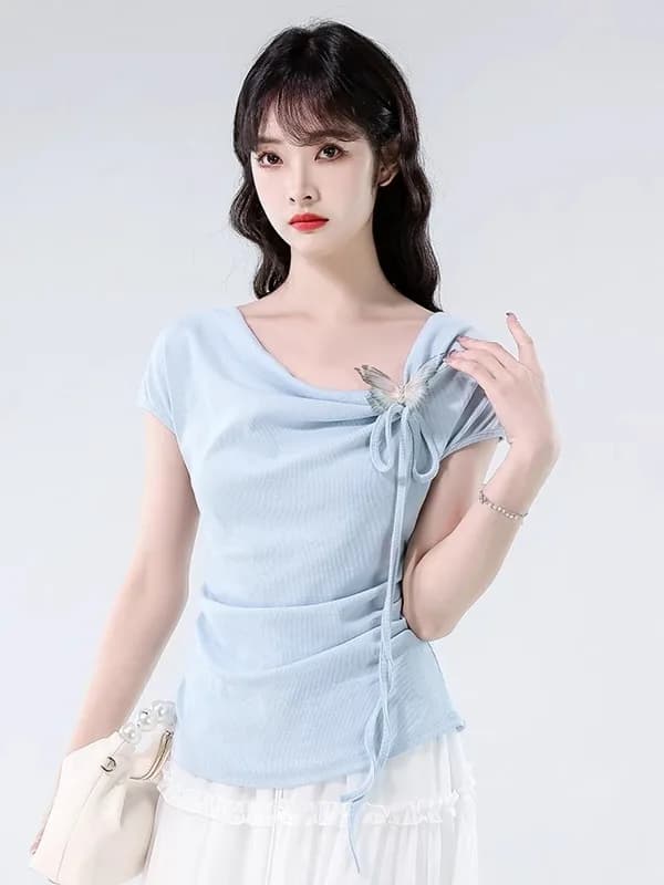 Summer Unique Knot Neckline Slim Fit Short Sleeve T-Shirt Women's Fashion Design Sense Lockbone 3D Printed Top