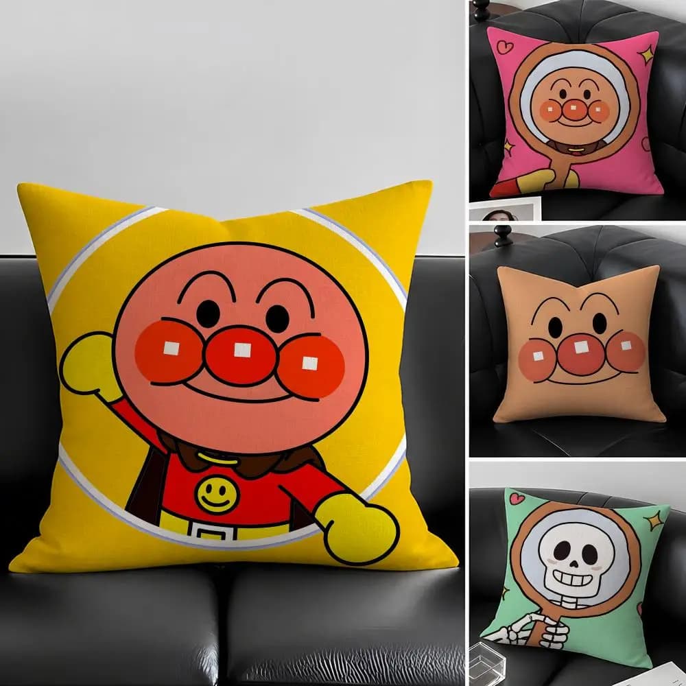 Cartoon A-Anpanman Cushion Cover Natural Linen Pillowcase Set, All-in-One Decor for Sofa, Bedroom & Chair