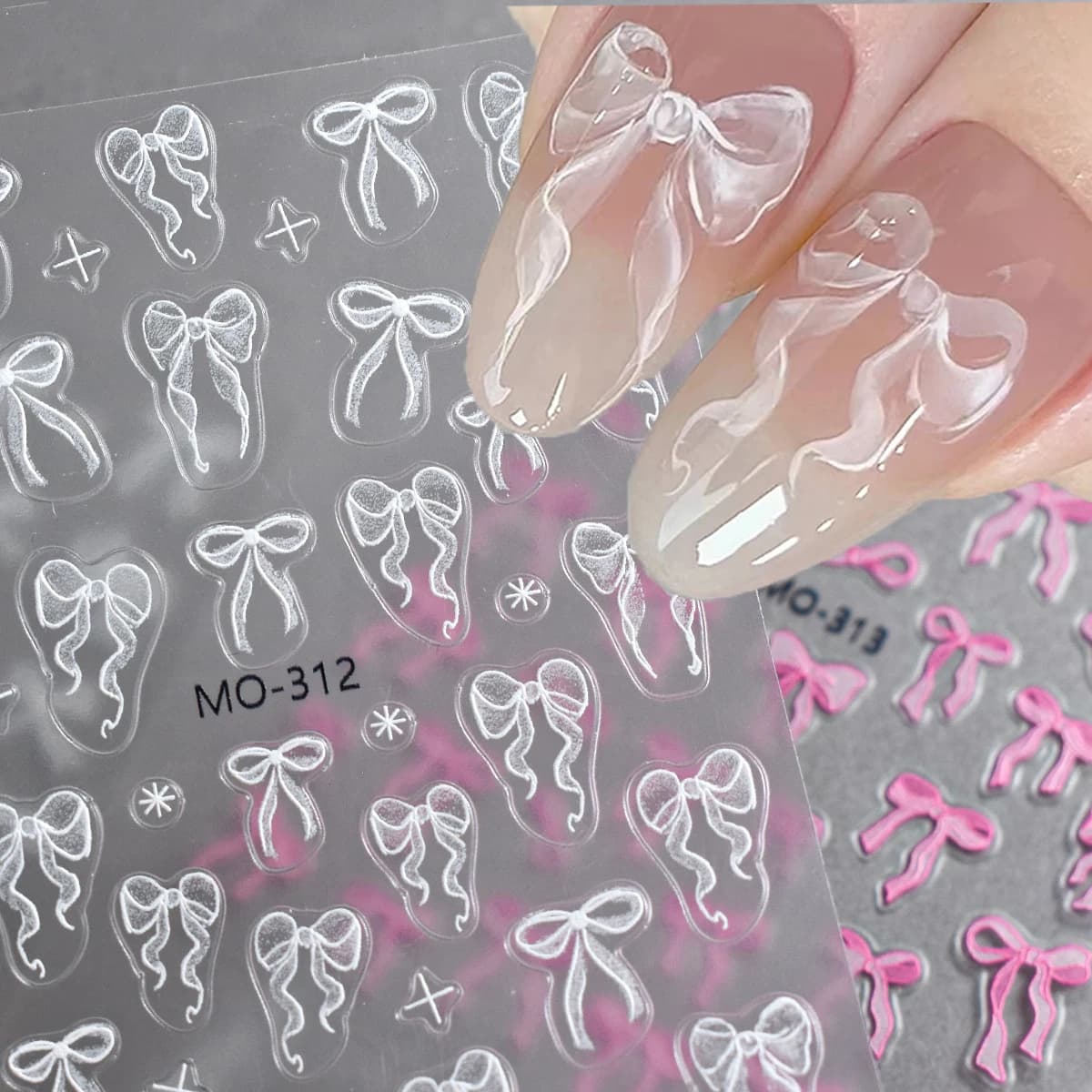 Wall decal Bowknot White Ribbon Ribbon 3D Cute Pink Self-adhesive Nail Decoration Decalcomanie for Nail Tips Manicure