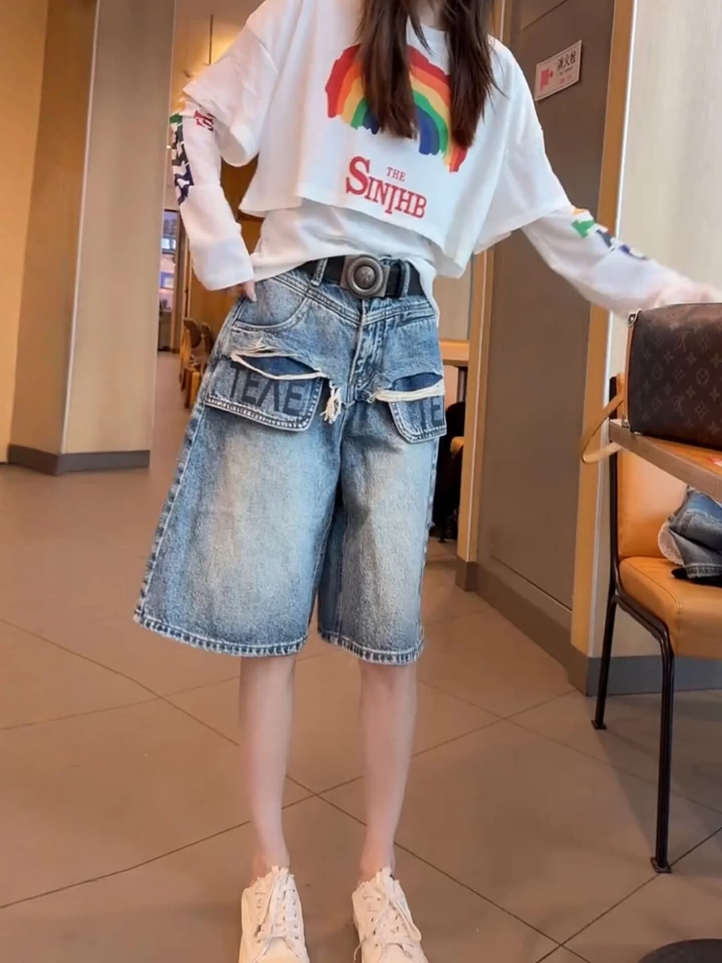 American Style High Waist Skinny Jeans Shorts Women Summer Thin New Large Size Fat MM Slimming Hole Five Parts Pants