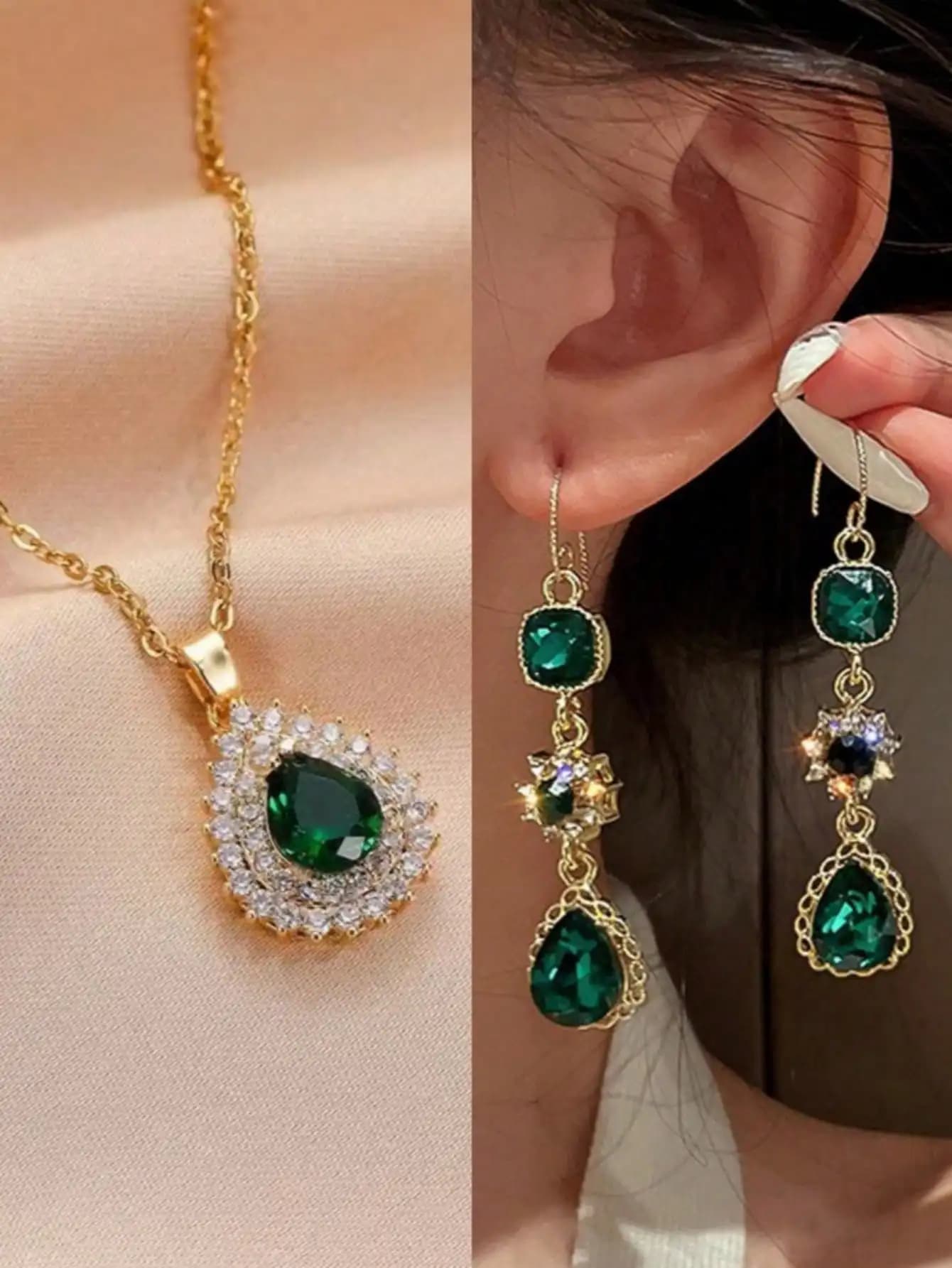 Set di collana e orecchini in cristallo verde per donna