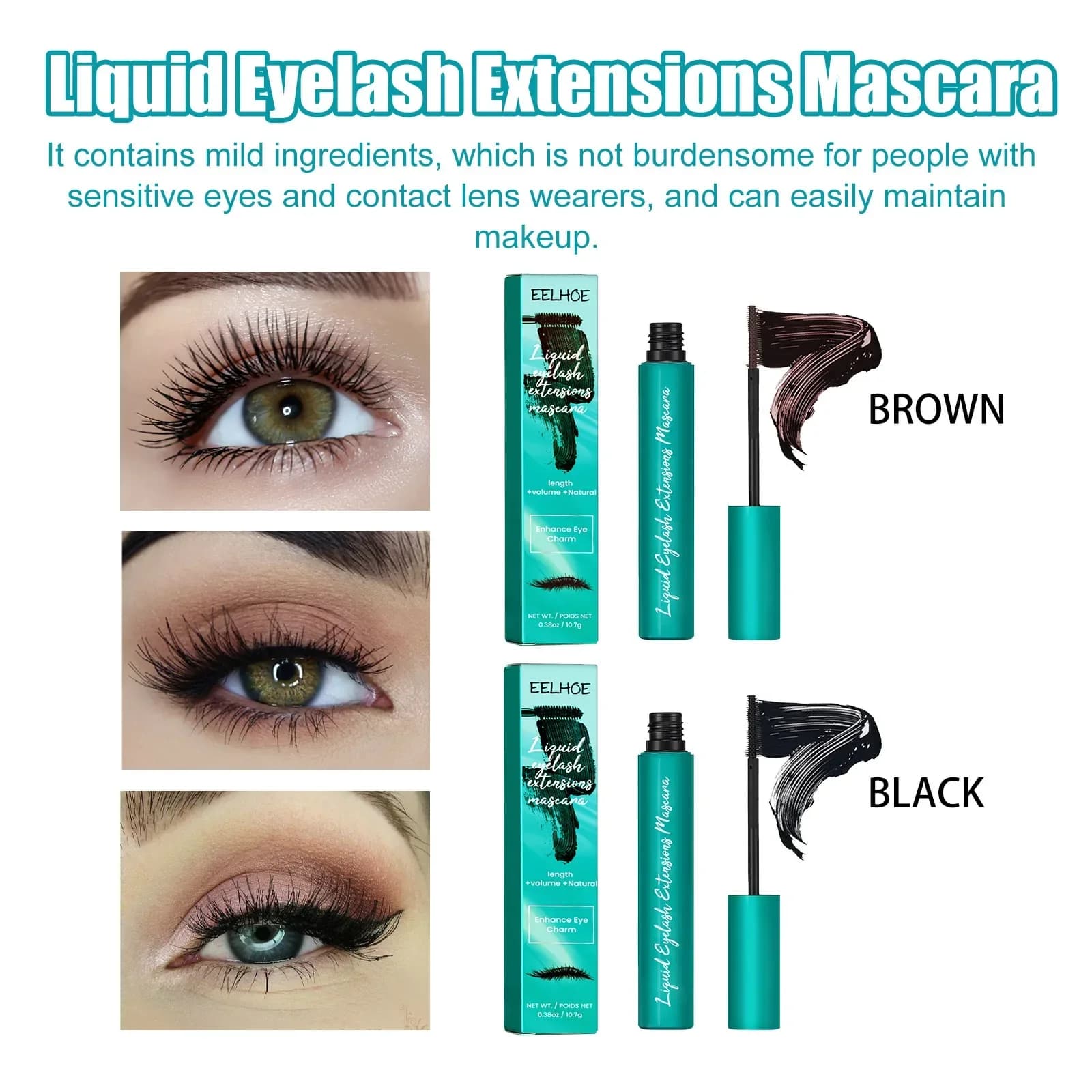 Mascara Allungante Impermeabile Marrone con Scovolino Ultra Sottile, Volumizzante, Anti-Sbavatura, Sicuro per gli Occhi, Lunga Durata