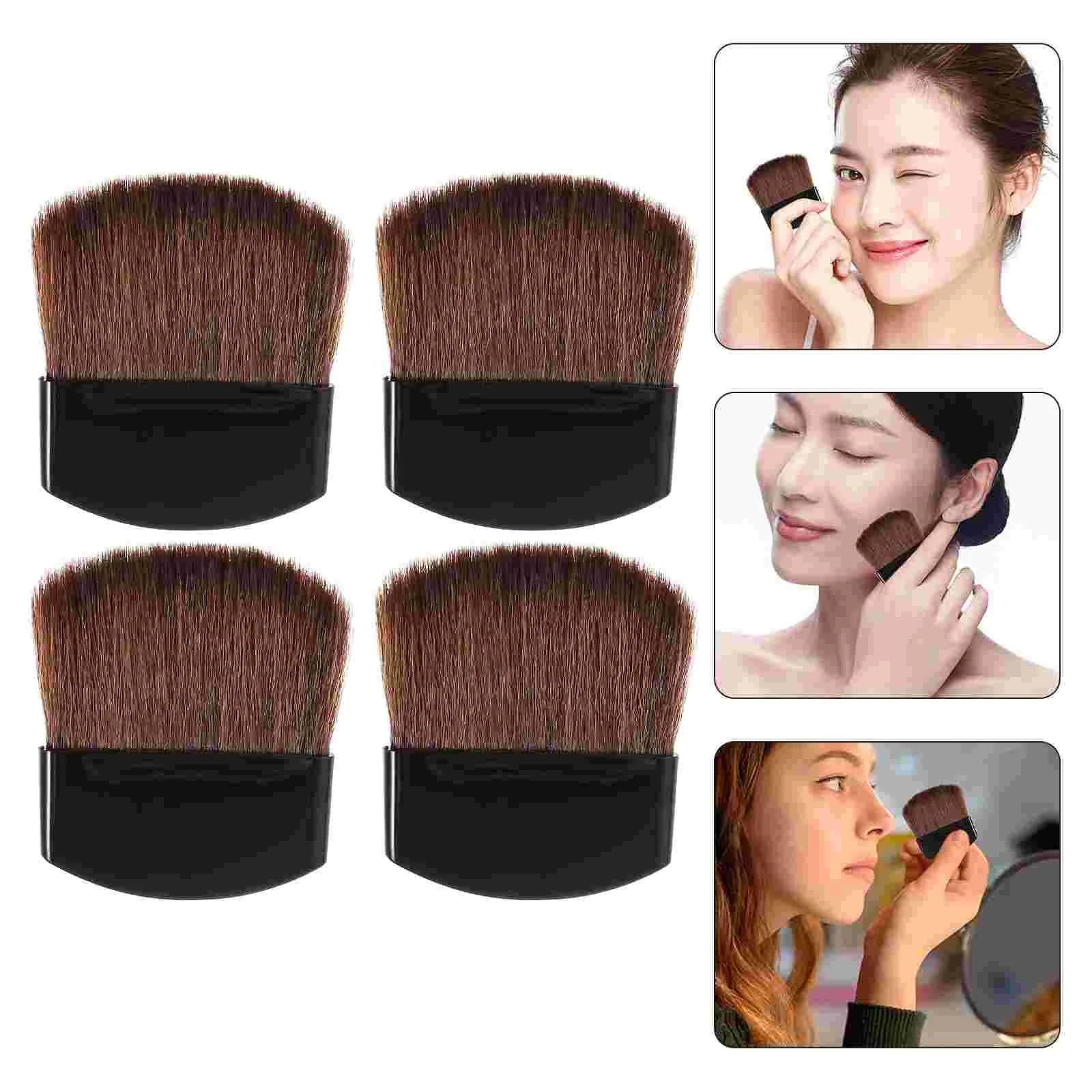 4 pezzi piccolo pennello per trucco compatto Mini per fard cipria piatta semicircolare in scaglie quadrate 4 pezzi (manico nero capelli castani)