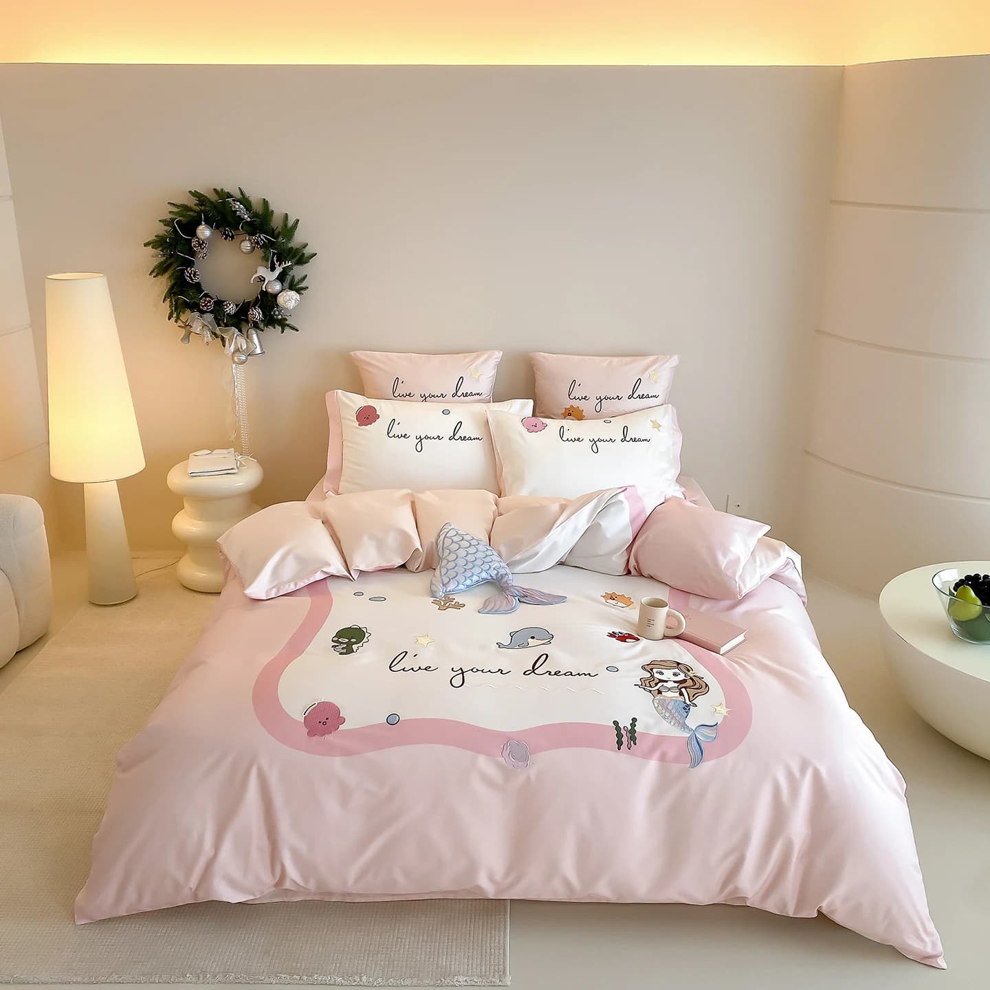 Set biancheria da letto Beauty Sirena Set copripiumino rosa 3/4 pezzi per la decorazione della casa della camera da letto dei bambini della bambina per il dormitorio scolastico