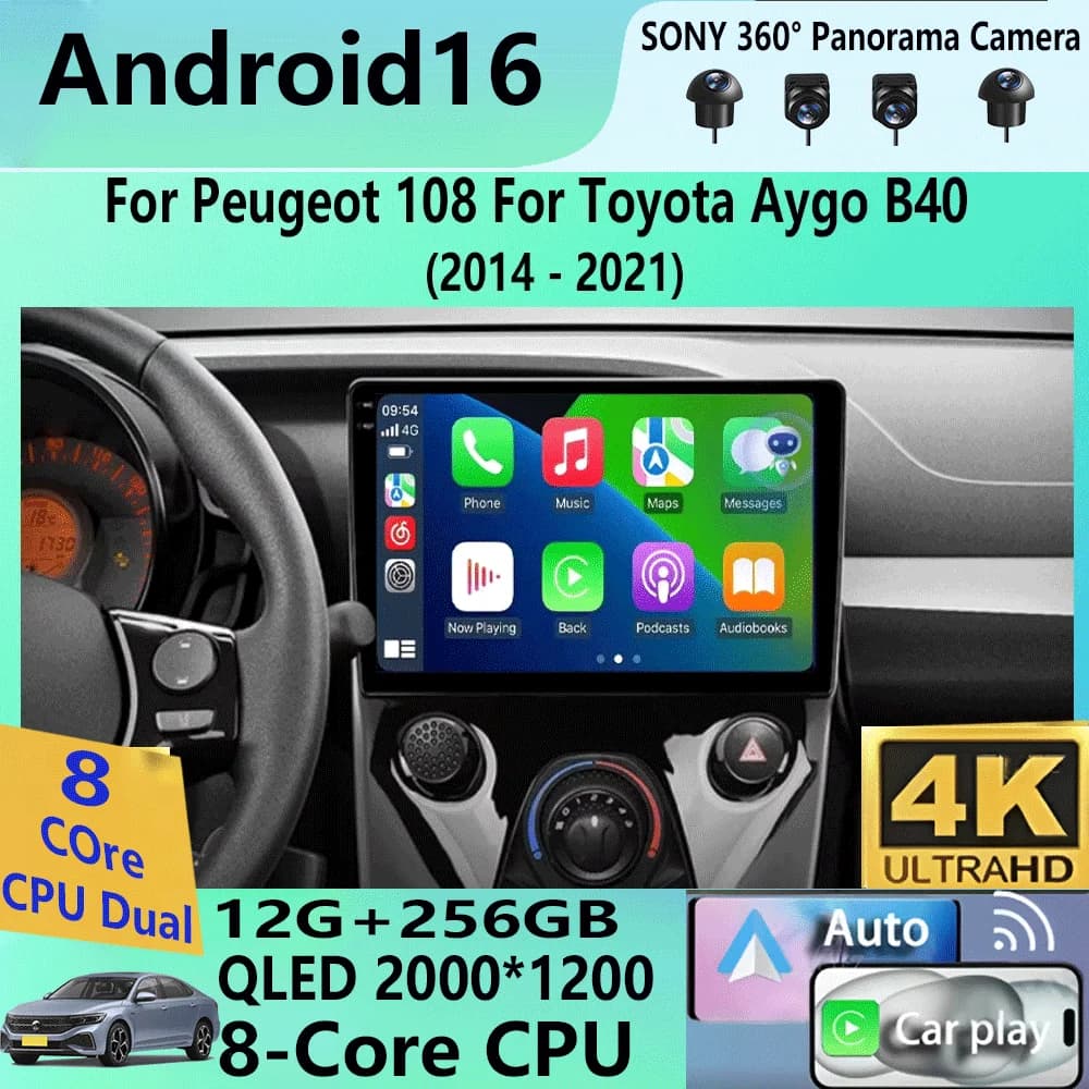 Autoradio Android 16 per Peugeot 108 e Toyota Aygo B40 2014-2021, Lettore Multimediale con Navigazione GPS, Stereo 2din con DSP