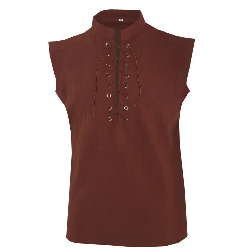 T-shirt senza maniche vichinghe medievali da uomo Costume cosplay di Halloween Punk Top con lacci Archer Decorazione medievale Gilet Spettacolo teatrale