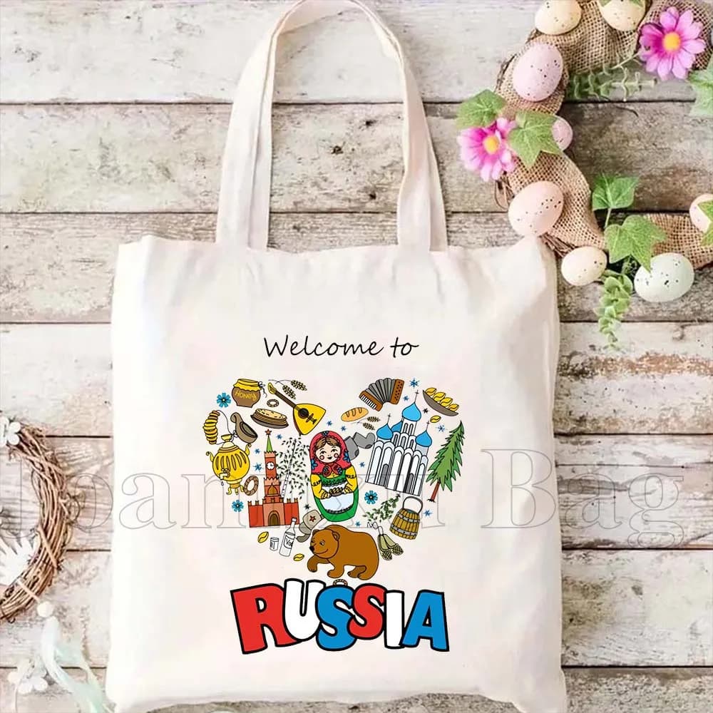 Borsa Tote in Tela Resistente con Simboli Russi: Matryoshka, Orso, Bandiera di Mosca e del Cremlino, Regalo con Simboli Russi