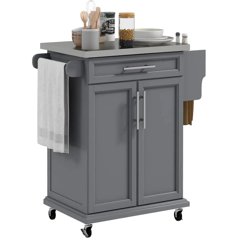 Isola da Cucina Grigia con Ruote, Piano in Acciaio Inox, Portasciugamani e Portaspezie per Stoccaggio Utensili