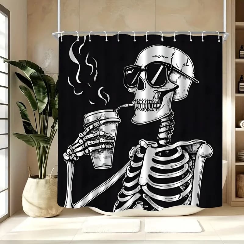 Funny Skeleton Coffee Shower Curtain, Skull Drinking Latte Art Goth Halloween Bathroom Decor, Black and White Graphic Waterproof