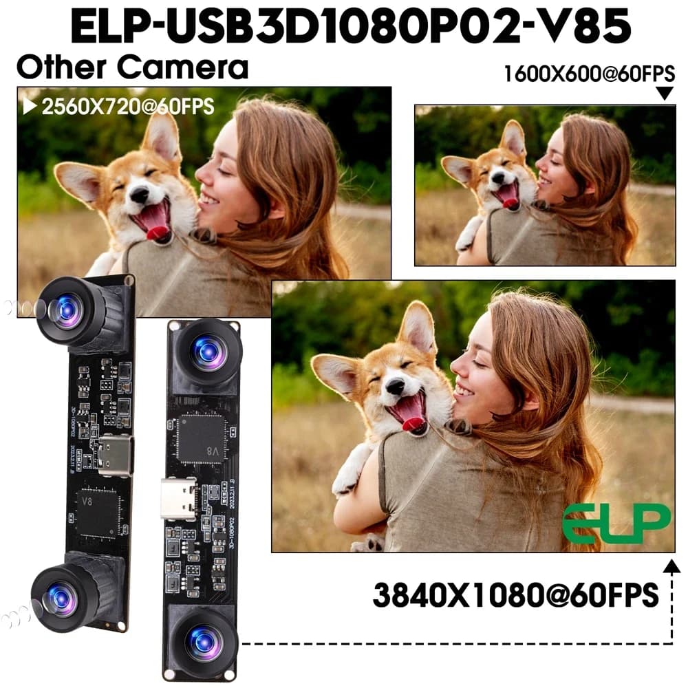 Webcam ELP 4MP a Doppia Lente FHD, Sincronizzazione Binoculare 3D Stereo, Alta Frequenza 60fps 1080P, Telecamera USB con Scheda Senza Distorsione