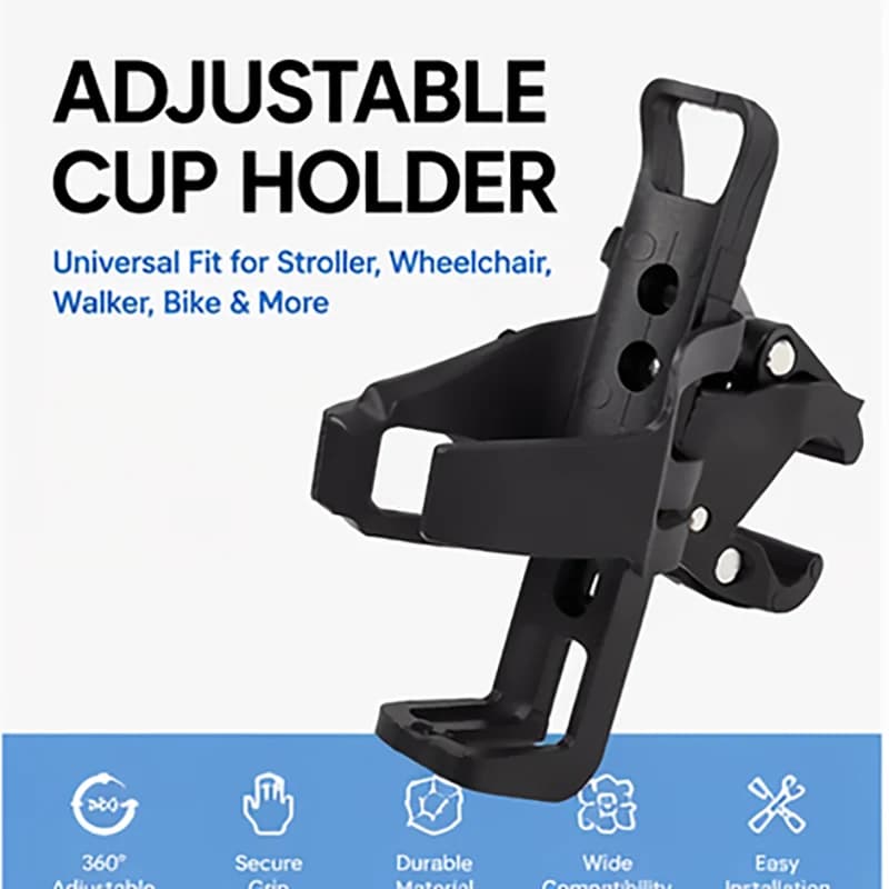 Portabicchieri Universale Regolabile per Passeggino, Portabottiglie per Sedia a Rotelle, Bicicletta, Deambulatore, Scooter, Carrozzina con Morsetto Girevole a 360°