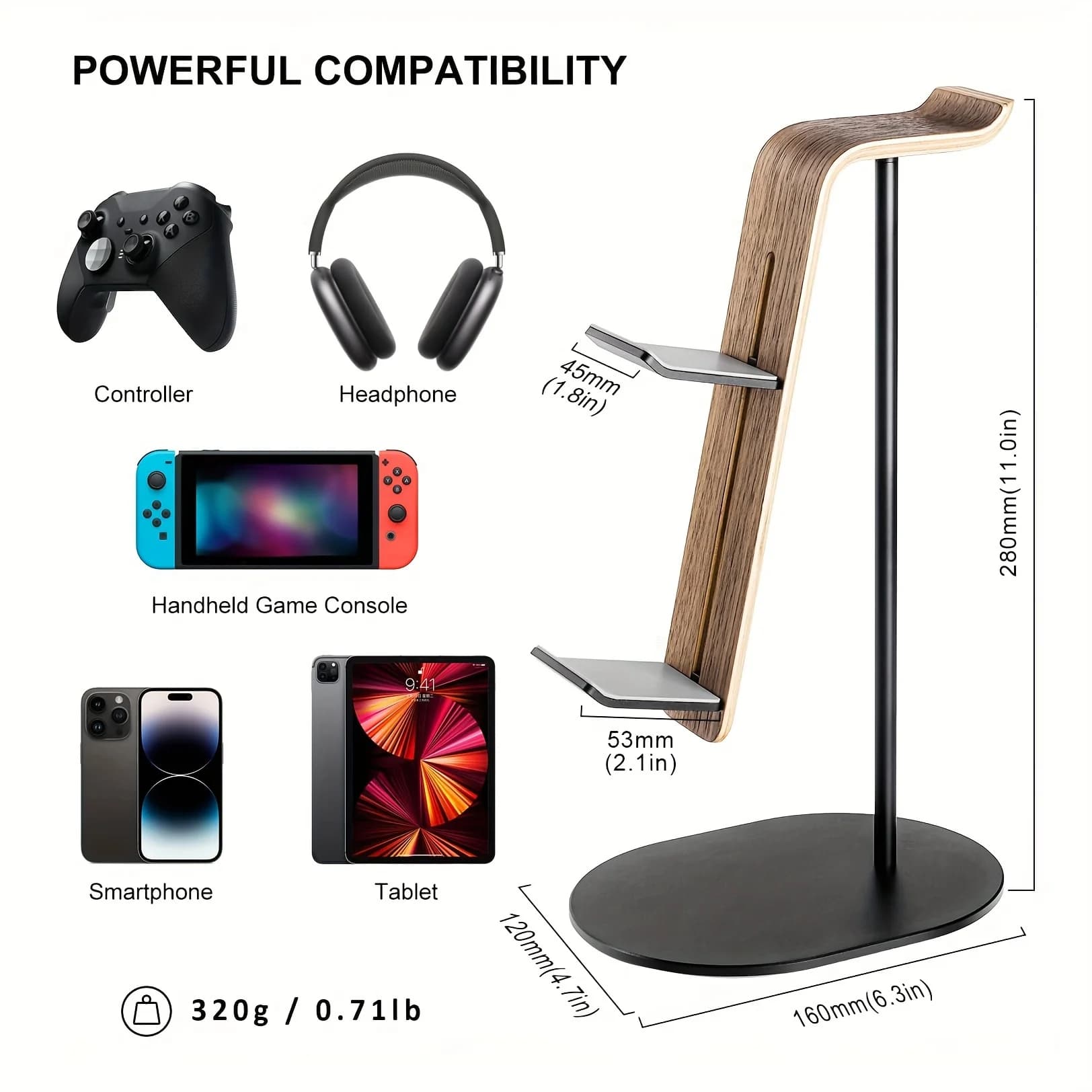 Wooden stand for controllers and headphones, universal support for PS5 PS4 Xbox One Nintendo Switch, desktop gaming accessory