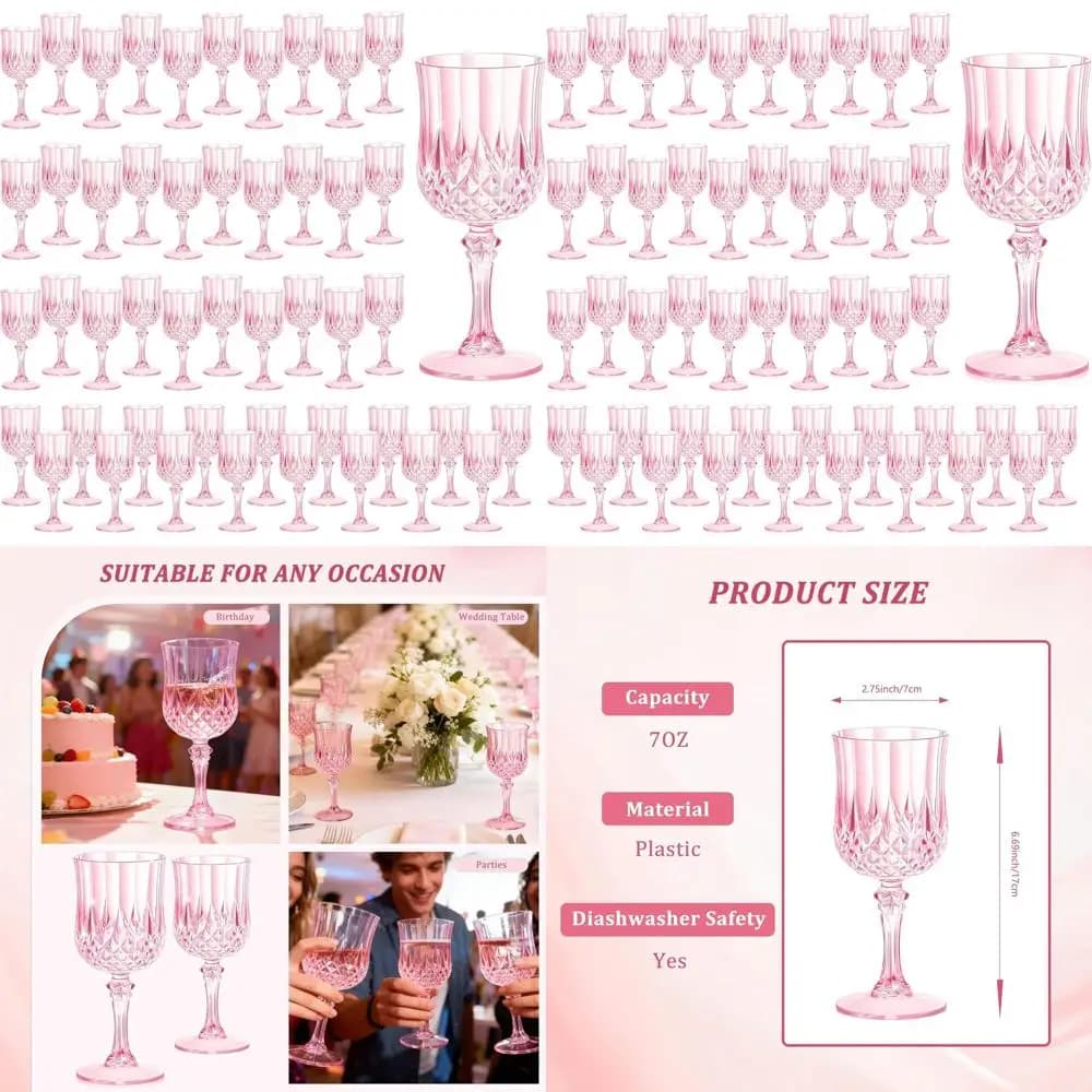 Set di 48 Bicchieri da Vino in Plastica Rosa Riutilizzabili da 200ml, Tazze Resistenti in Stile Vintage per Feste ed Eventi Speciali
