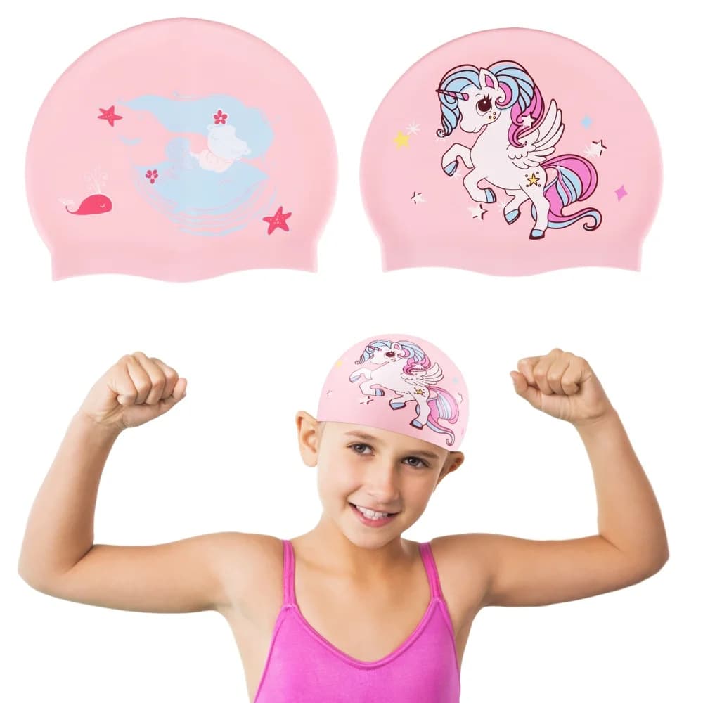 Elastic swim caps for children, for boys and girls, waterproof, for swimming pool, protect the ears, silicone dive hat for long hair, with cartoon designs