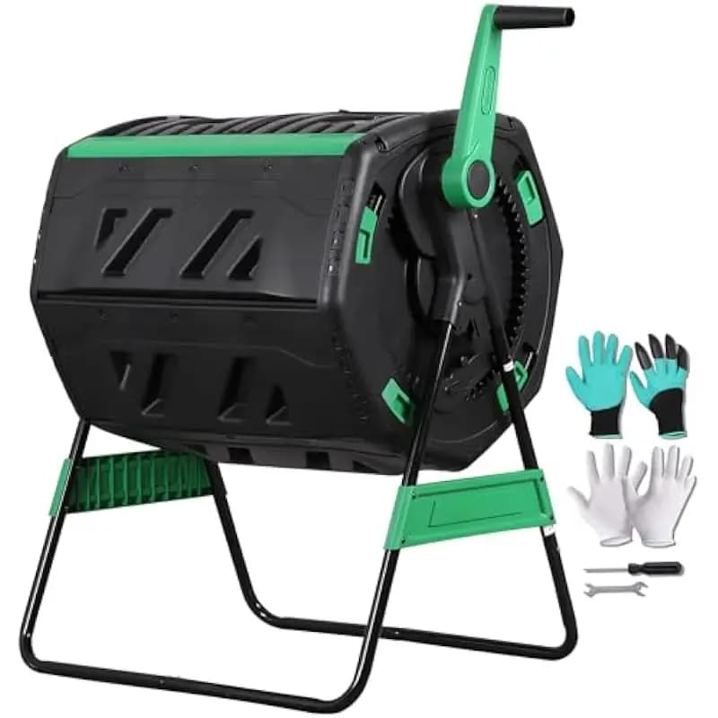 53-Gallon Two-Section Rotating Compost Bin with Ergonomic Full-Turn Crank Handle Dual-Position Locking Mechanism Adjustable Slid