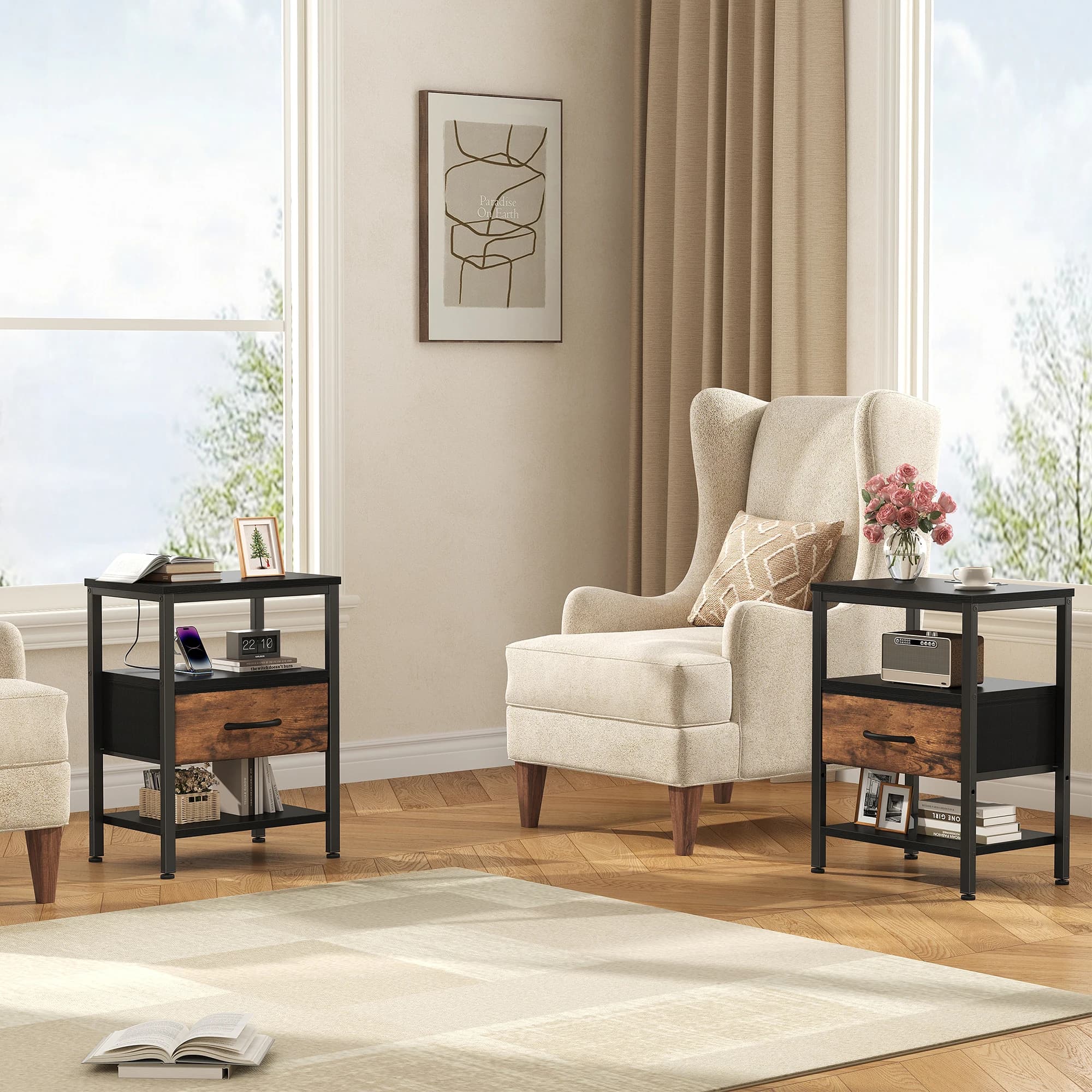 MCQ Nightstand Set of 2 Fabric Drawers with Charging Station Cabinets Bedside End Table Storage With Charging Station for Home